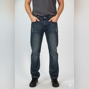 Victorious V Men's Blue Dark Wash Distressed Straight Fit Jeans Size 34X30 EUC
